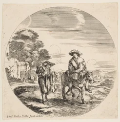 Landschaft mit zwei Bauern, einer reitet auf einem Pferd, aus Landschaften und Seehäfen Paysages ..., 1656