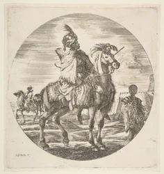 Maurischer Reiter im Profil nach rechts, rechts ein Schwarzer Sklave, der ein Fell hält, ein weite..., ca. 1651.