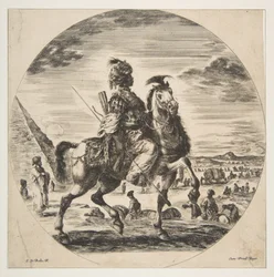 Maurischer Reiter im Profil nach rechts, im Hintergrund links eine Pyramide, viele Fi..., ca. 1651.