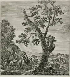 Reitende Bäuerin mit einem Kind in den Armen, Platte sechs aus Die sechs großen Ansichten von Rom und der Campagna