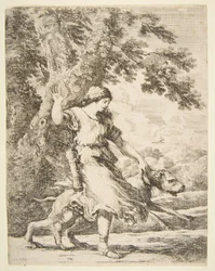 Nymphe hält einen großen Hund am Halsband, ca. 1654