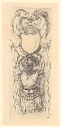 Panel mit oben zwei Pferdeköpfen, darunter ein Schild und unten eine Rüstung, Blatt 7 der Folge "Ornamente oder Grotesken"