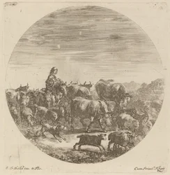 Bauer auf einem Pferd mit Kühen, Schafen und Ziegen