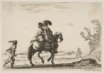 Reiter und Frau, von hinten gesehen, reiten nach rechts mit einem jungen ..., 1642