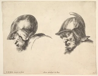 Platte 10: zwei Köpfe alter Soldaten mit Helmen, beide nach links blickend und nach unten schauend..., ca. 1641