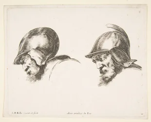 Tafel 10: zwei Köpfe alter Soldaten mit Helmen, beide nach links blickend und nach unten schauend..., ca. 1641