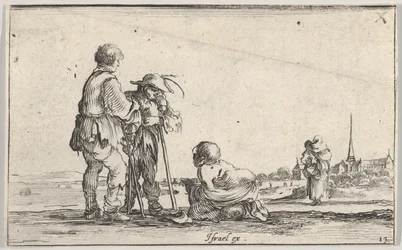 Tafel 13: zwei Bauern stehen links, ein Krüppel kniet in der Mitte, ca. 1642