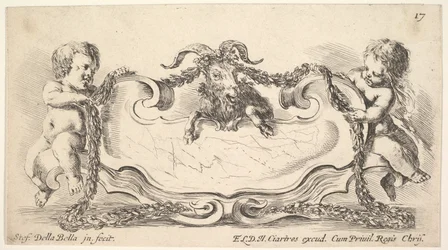 Kartusche mit Marmormitte, ein Säugling auf jeder Seite hält einen Kranz ..., 1646
