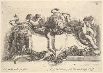 Platte 18: ein Kartusche mit einem leeren Wappen, zwei Löwinnen, eine links und eine in der Mitte, 1646