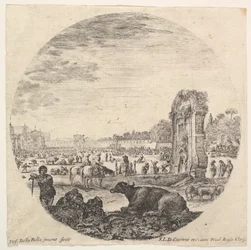 Tafel 2: Campo Vaccino, ein Büffel und zwei Hirten in der Mitte, der Fontanone rechts, ca. 1643-48
