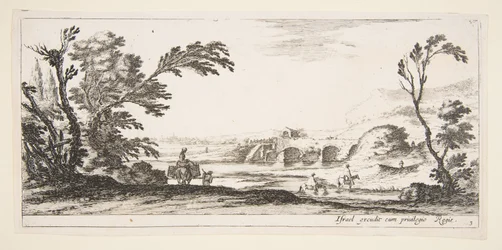 Tafel 3: zwei Reiter überqueren einen Fluss nach rechts, eine Frau mit zwei Körben auf einem Esel, ca. 1641