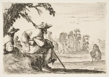 Zwei Pilger mit Hüten ruhen sich links aus, ein Reiter reitet nach vorne (1642)