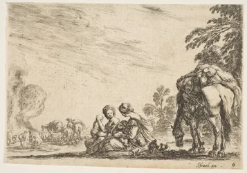Tafel 6: zwei Frauen, eine stillt ein Kind, sitzen neben einem Hund und einem Pferd mit Packtaschen, 1642