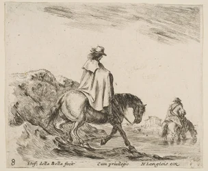 Platte 8: Ein Reiter steigt einen Flussufer hinab, ein anderer Reiter im Fluss rechts, aus ..., ca. 1644-47