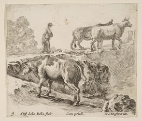 Tafel 9: eine Kuh steigt einen Abhang hinauf, eine Bäuerin führt zwei Kühe über eine Brücke, ca. 1644-47