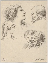 Fünf Köpfe, zwei junge Frauen links, ein bärtiger Mann oben rechts, eine junge Frau..., ca. 1649