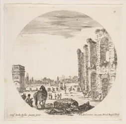 Tafel 9: der Konstantinsbogen links, ein Teil des Kolosseums rechts, verschiedene Pferde..., ca. 1646