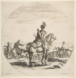 Polnischer Reiter mit Bogen und Pfeil, von hinten gesehen, sein Pferd nach rechts gewandt, ca. 1651