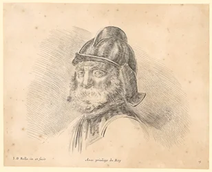 Porträt eines bärtigen Mannes mit Helm im Dreiviertelprofil nach links