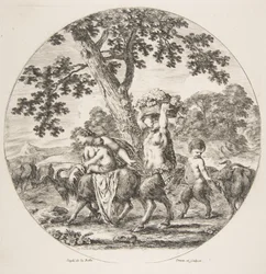 Satyrfamilie geht nach links mit zwei Ziegen und einem Korb Trauben