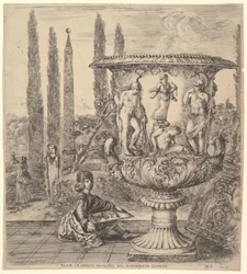 Die Medici-Vase, eine große Vase rechts, dekoriert mit einer Darstellung des Opfers von..., 1656