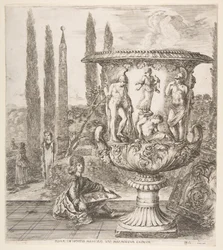 Die Medici-Vase, eine große Vase rechts, dekoriert mit einer Darstellung des Opfers