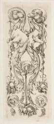 Zwei gegenüberliegende Kamelköpfe mit Körpern, die in Ornament enden, ca. 1653