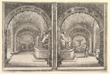 Zwei Ansichten einer Grotte, beide Ansichten mit einem Brunnen mit einer sitzenden Statue, ca. 1653