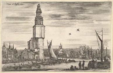 Ansicht von Amsterdam, ein Turm und Häuser links, Männer stehen auf dem Pier, 1647