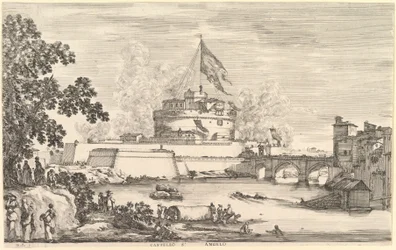 Ansicht des Tiberflusses, ein großer Baum links, zwei Frauengruppen links im Vordergrund, ca. 1656