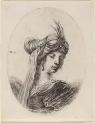 Frau mit einem gefiederten Turban und einem Schleier, nach rechts gewandt, 1649-1650