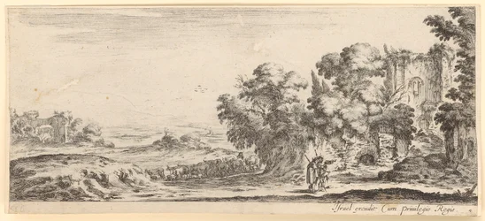 Zwei Pilger vor einer Ruine, im Hintergrund eine Viehherde