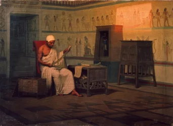 Ägyptischer Priester liest einen Papyrus