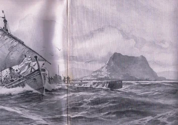 Deutsches U-Boot durchquert die Straße von Gibraltar auf dem Weg zu den Dardanellen, aus Die illustrierte Geschichte des Weltkriegs 1914-1915, veröffentlicht von Union Berlagsefellfchaft