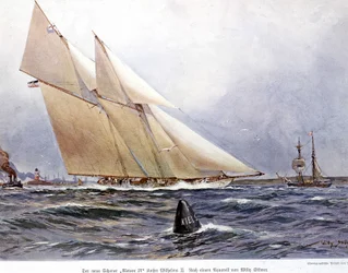 Segelrennen: Das Segelboot „Meteor IV“ - Aquarell von Willy Stower