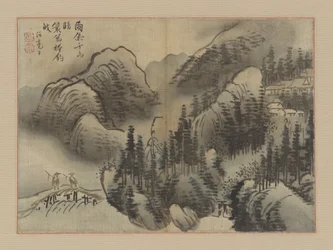 Regnerische Landschaft, spätes 18. Jahrhundert (Albumblatt als Hängeschriftrolle montiert)