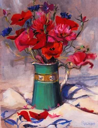 Mohnblumen und Kornblumen in grünem Krug, 1994