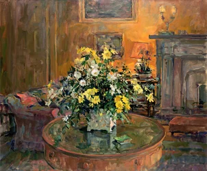 Trommeltisch mit gelben Blumen
