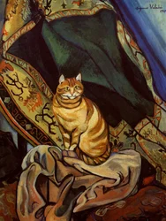 Die Katze Raminou sitzt auf einem Tuch