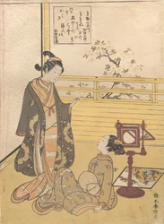 Ein Teenager-Junge und -Mädchen mit einem Betrachter für ein Optique-Bild Nozoki-karakuri, Kobo Daishi, ca. 1788