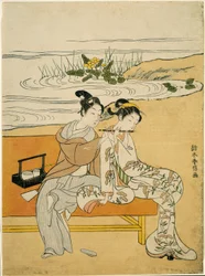 Liebende, die dieselbe Flöte spielen (Parodie auf Xuanzong und Yang Guifei)