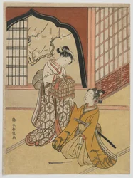 Liebende mit einem Vogelkäfig, Edo-Zeit, ca. 1766-67
