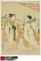 Schrein-Mädchen Onami und Ohatsu tanzen am Yushima Tenjin Schrein, ca. 1769