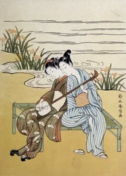 Das Shamisen: Paar spielt Shamisen (oder Samisen: Langhalslaute mit drei Saiten) - von Harunobou, in „Japan artistique“, Juli 1890
