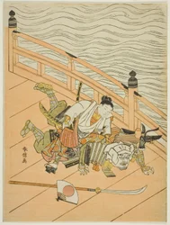 Ushiwakamaru und Benkei kämpfen auf der Gojo-Brücke