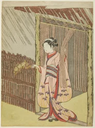 Frau hält einen Zweig von Kerria-Blumen im Regen (Parodie auf Ota Dokan)