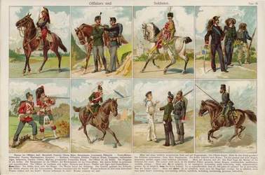 Offiziere und Soldaten europäischer Armeen (Chromolithografie)