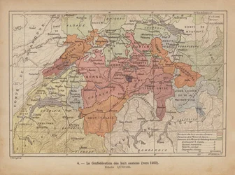 Alte Schweizerische Eidgenossenschaft, ca. 1400 (farbige Gravur)