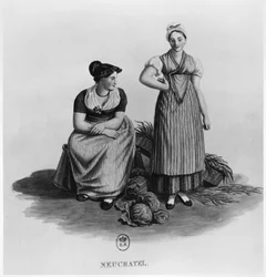Schweizer Frauen in traditioneller Tracht aus dem Kanton Neuenburg