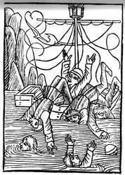 Die Legende von Sankt Brendan (Brandan), Held und irischer Heiliger des 6. Jahrhunderts. Schiffe sinken im Cleves-Meer. Gravur aus „Die Wunderbare Meerfahrt des Hl. Brandan“. Basel